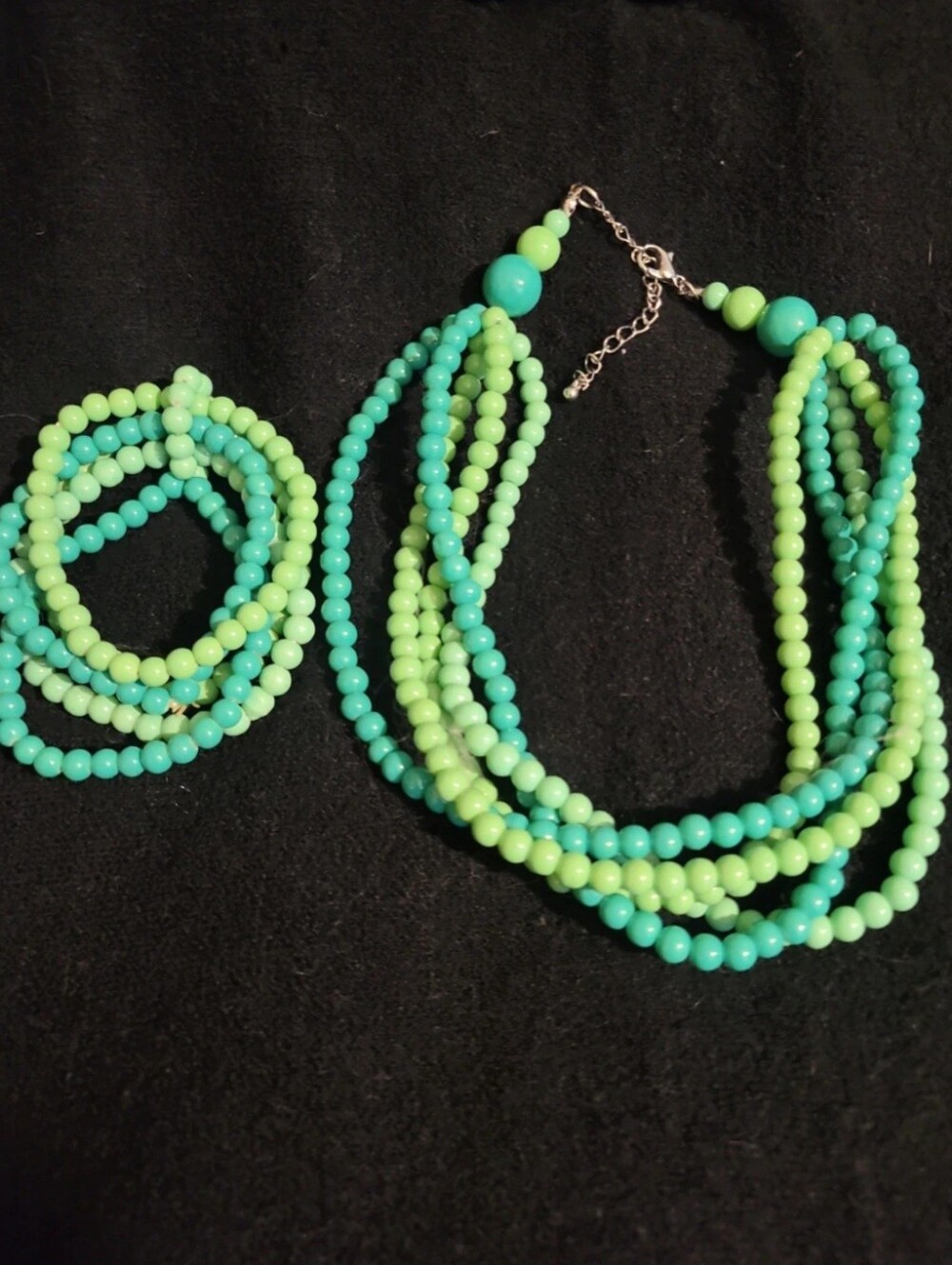 Multi-Strand Neon Green & Teal Beaded Necklace and Bracelet Set